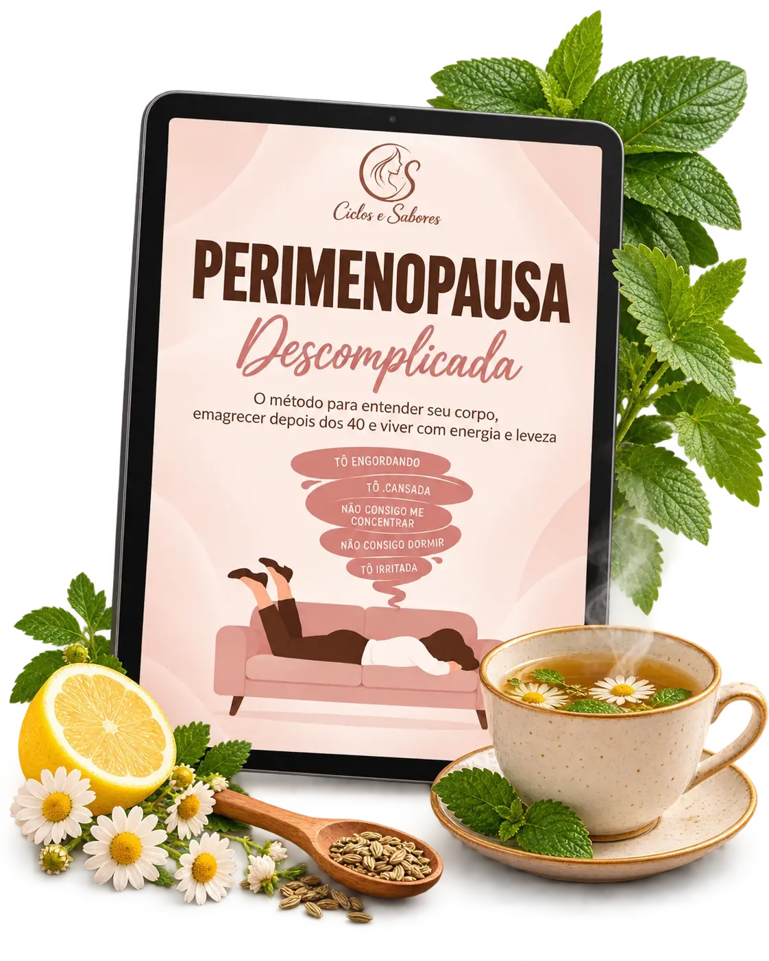 Livro no tablet com ervas e chá